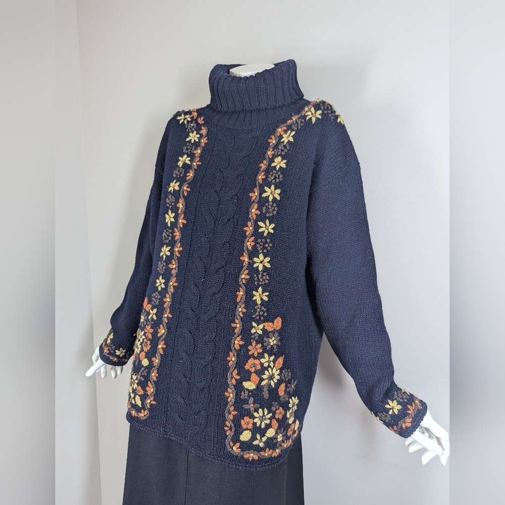 Women's cable knit wool turtle neck embroidered flowers Point Zero 90s M